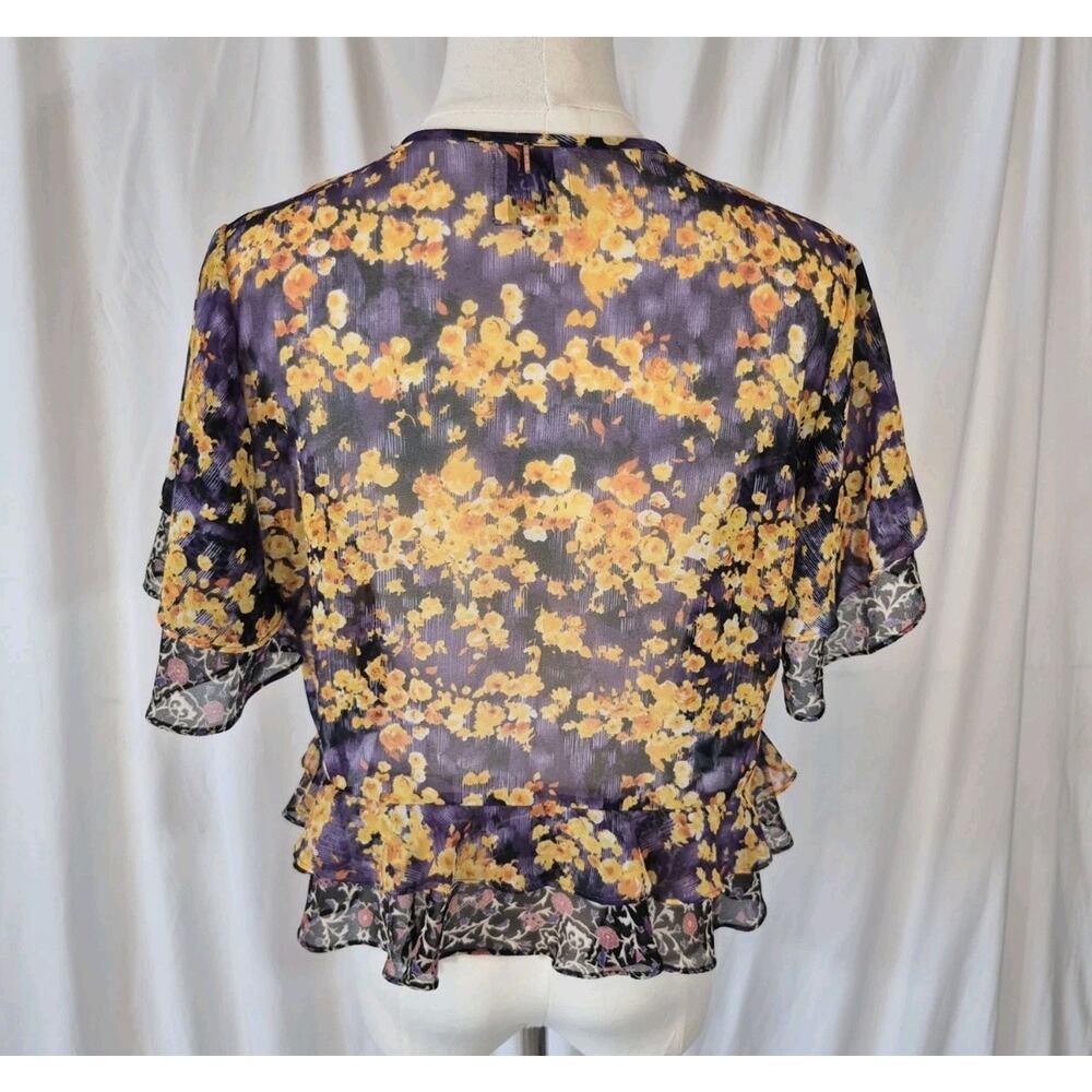 Misa Womens Designer Black Gold Floral Raziela Sheer Ruffle Top XS - Picture 8 of 10